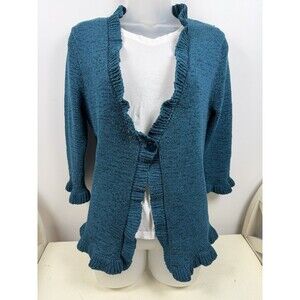 Carole Little Knit Cardigan Size Large Teal Ruffle Collar Bell Sleeve Button
